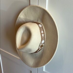 Altar'd State Cream Wide-Brim Felt Fedora with Brown Patterned Band